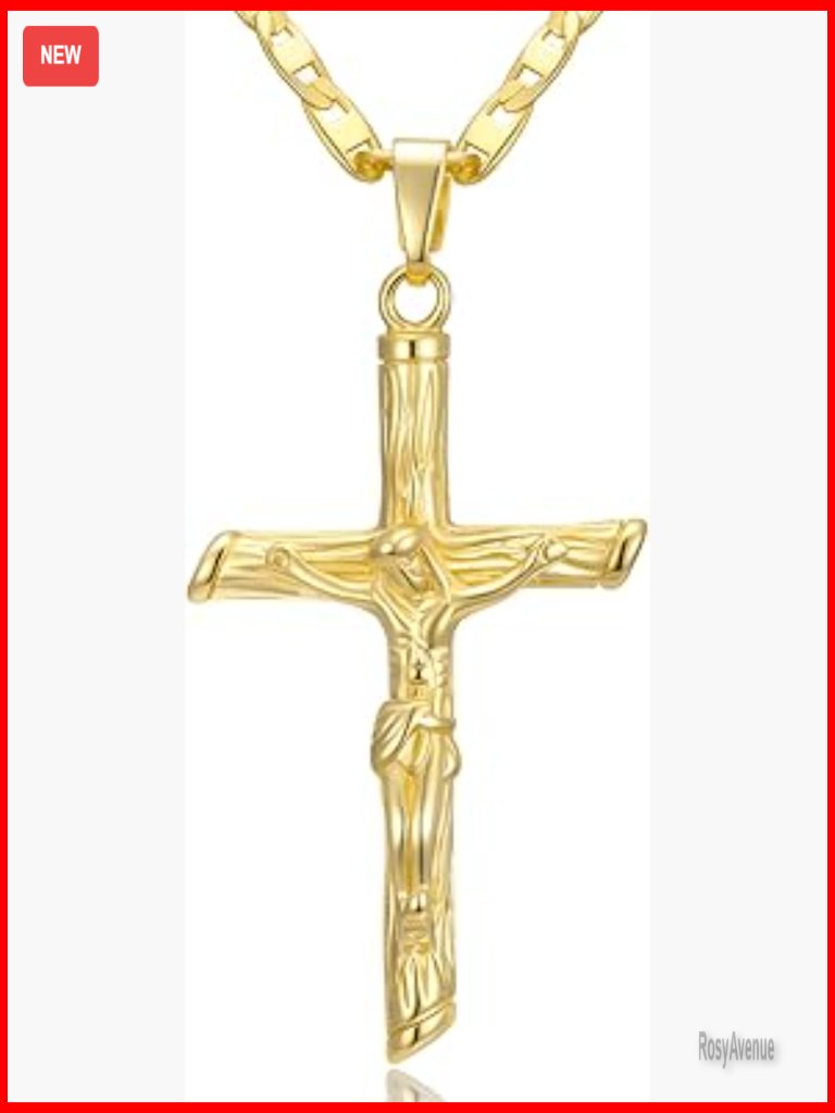 14k Gold Plated Crucifix Pendant Necklace, 18.9 Inch Chain, Unisex Religious